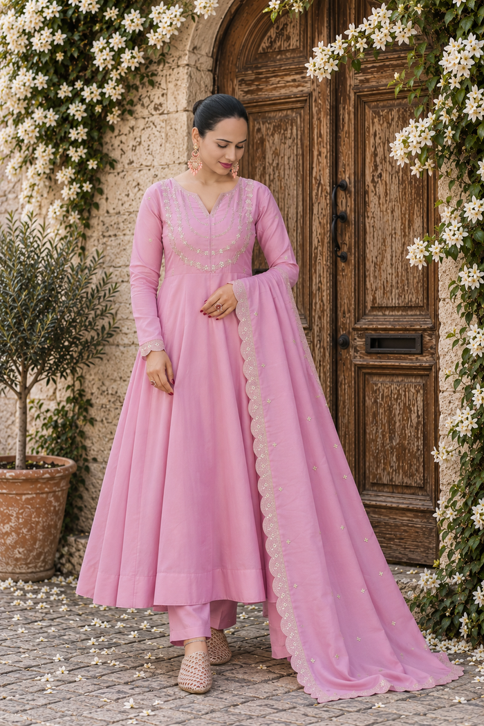 Pink Embroidered Silk Crepe Patiala Gharara Set