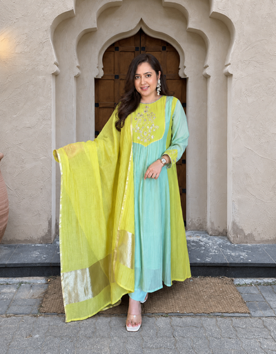 Elegant Mint Green & Lime Yellow Embroidered Anarkali Suit Set