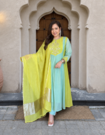Elegant Mint Green & Lime Yellow Embroidered Anarkali Suit Set