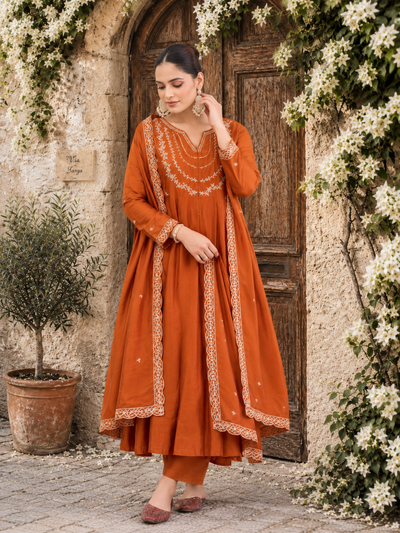Orange  Embroidered Vichitra Silk Anarkali  Suit Set