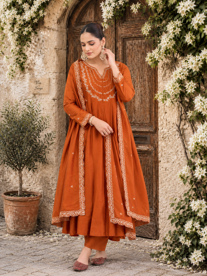 Orange  Embroidered Vichitra Silk Anarkali  Suit Set