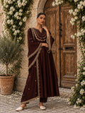 Brown Embroidered Vichitra Silk Anarkali Suit Set