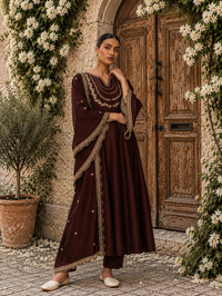 Brown Embroidered Vichitra Silk Anarkali Suit Set