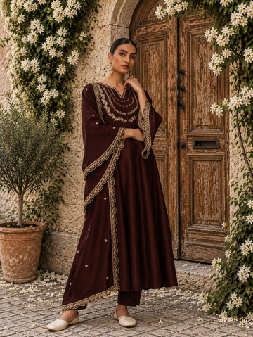 Brown Embroidered Vichitra Silk Anarkali Suit Set