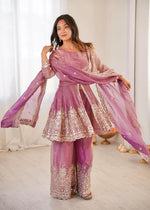 Pink Embroidered Chartin Peplum Palazzo Suit Set