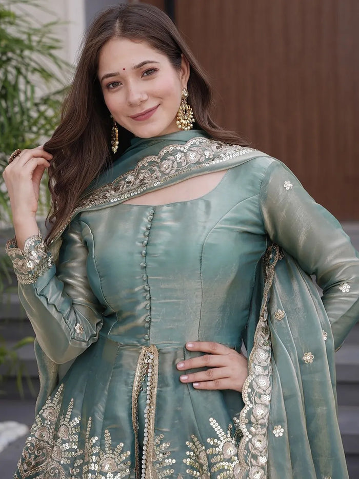 Sky Blue Embroidered Chartin Peplum Palazzo Suit Set