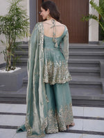 Sky Blue Embroidered Chartin Peplum Palazzo Suit Set