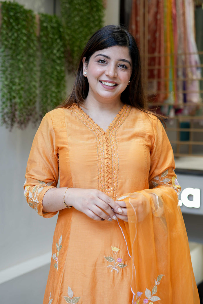 Sunshine Orange Embroidered Muslin Suit Set