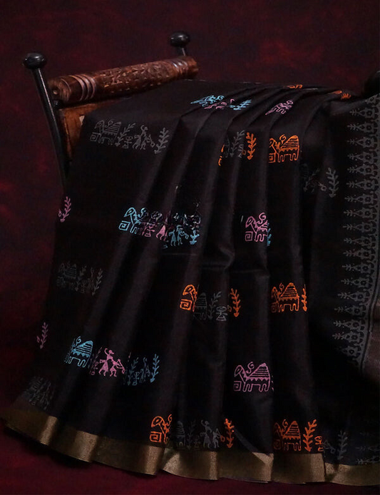 Intricate Black Colored Cotton Linen Designer Printed Saree