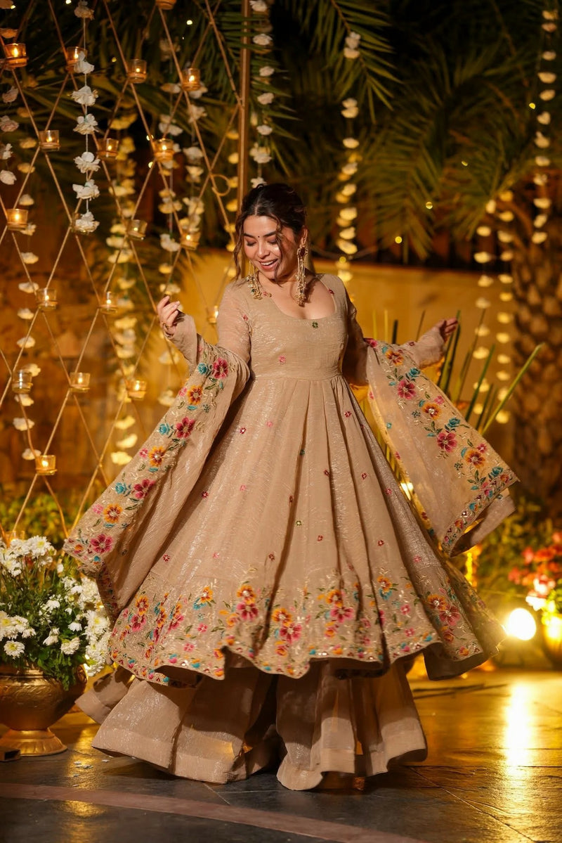 Champagne Ivory Cruncy Silk Anarkali Suit Set