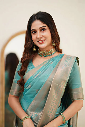 Tea Blue Jacquard Saree – Refreshing Woven Elegance for Festive & Special Occasions