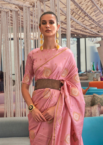 Elegant Baby Pink Colored Printed Pure Soft Silk Saree