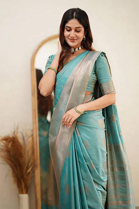 Tea Blue Jacquard Saree – Refreshing Woven Elegance for Festive & Special Occasions