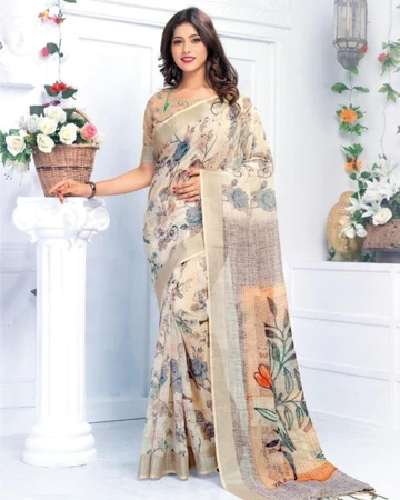 Prominent Green Colored Festive Wear Printed Pure Linen Saree