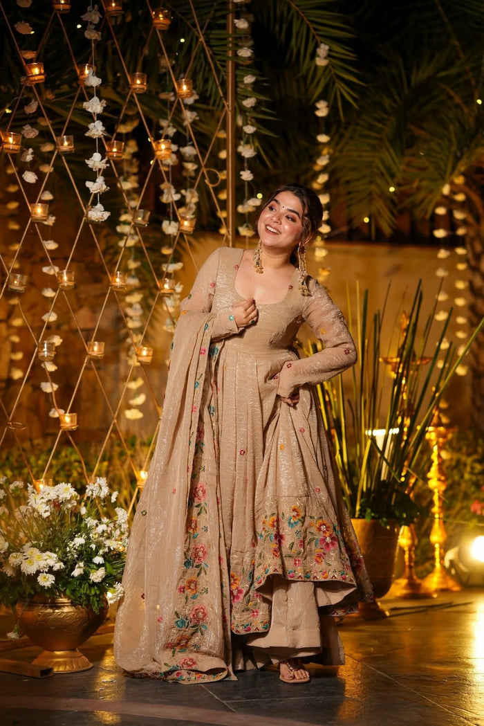 Champagne Ivory Cruncy Silk Anarkali Suit Set
