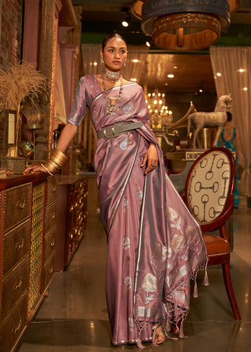 Glossy Purple Colored Printed Pure Soft Silk Saree