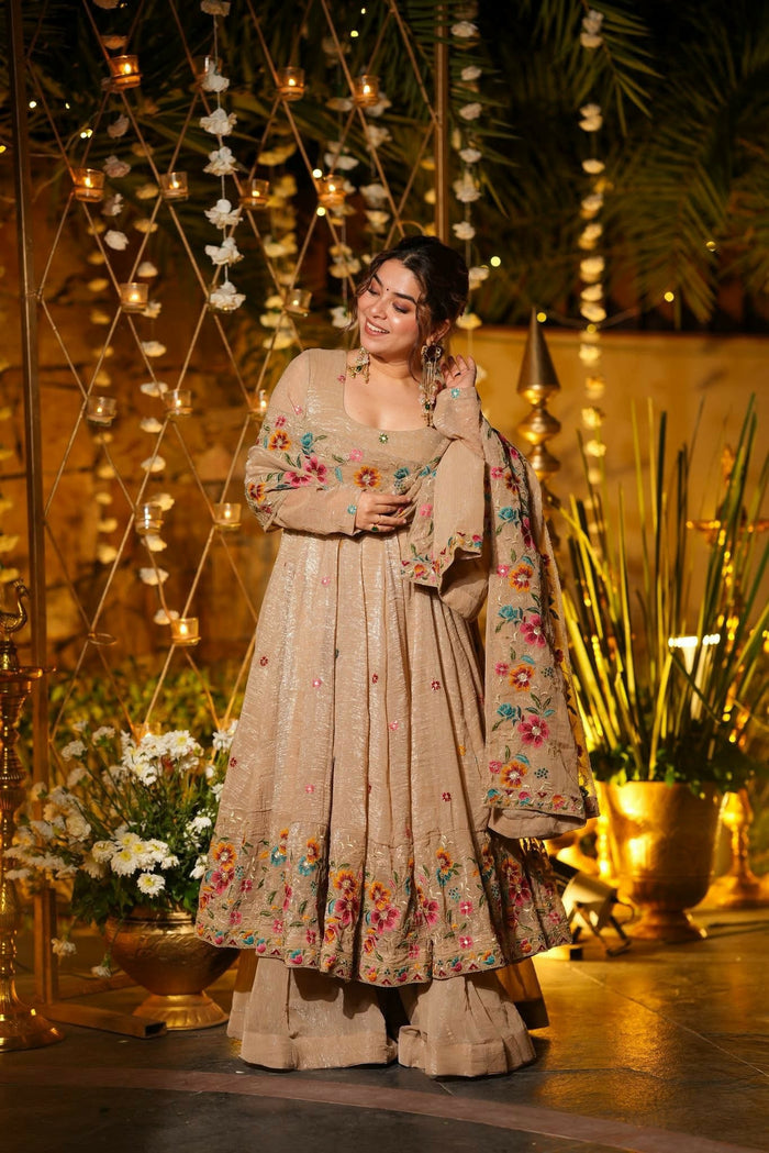 Champagne Ivory Cruncy Silk Anarkali Suit Set