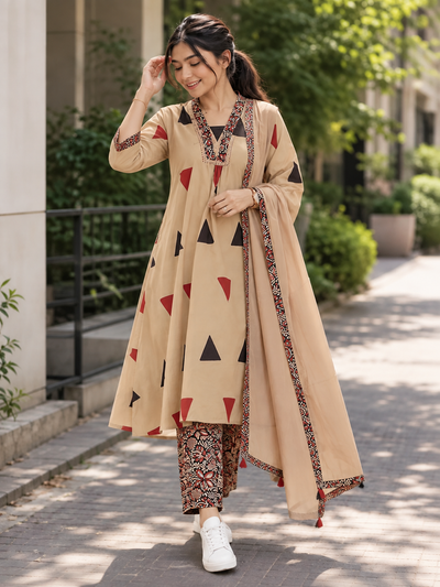 Pure Cotton Kalamkari A-Line Suit with Dupatta