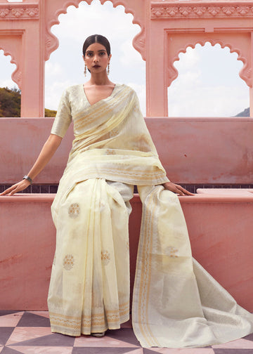 Graceful Light Yellow Colored Printed Pure Soft Silk Saree