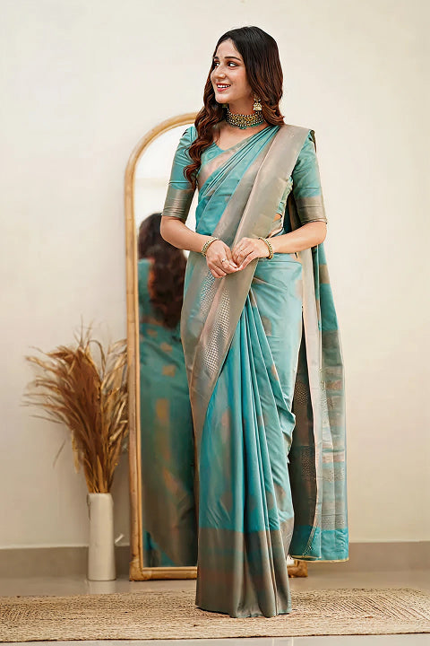 Tea Blue Jacquard Saree – Refreshing Woven Elegance for Festive & Special Occasions
