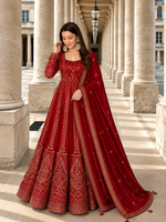 Red Crunchy Silk Embroidered Anarkali Gown Set