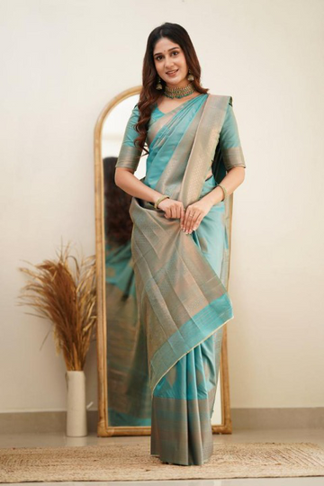 Tea Blue Jacquard Saree – Refreshing Woven Elegance for Festive & Special Occasions