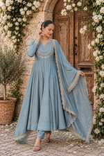 Grey Embroidered Vichitra Silk Anarkali Suit Set