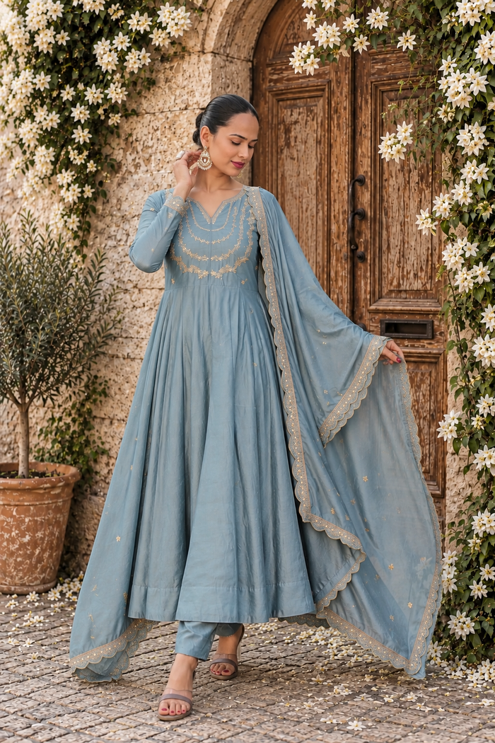 Grey Embroidered Vichitra Silk Anarkali Suit Set