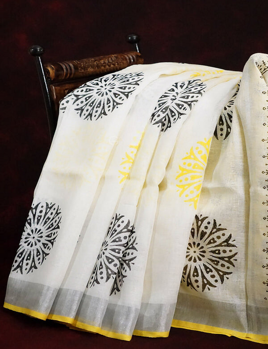 Innovative White Colored Cotton Linen Designer Printed Saree