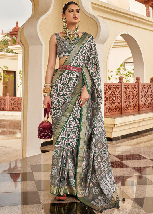 Entrancing White And Green Colored Printed Pure Soft Silk Saree
