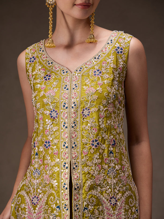 Olive Chinon Embroidered Suit Set