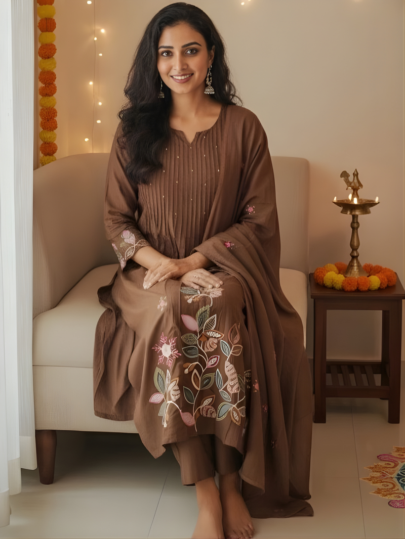 Aesthetic Mul Cotton Embroidery Madhavi Coffee Suit Set with Dupatta
