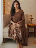 Aesthetic Mul Cotton Embroidery Madhavi Coffee Suit Set with Dupatta