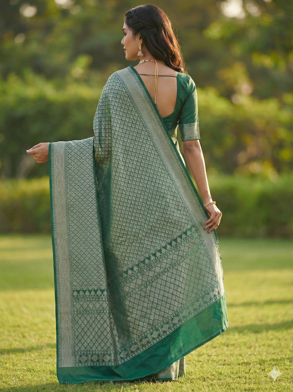 Green Jacquard Saree – Rich Traditional Weave & Festive Elegance