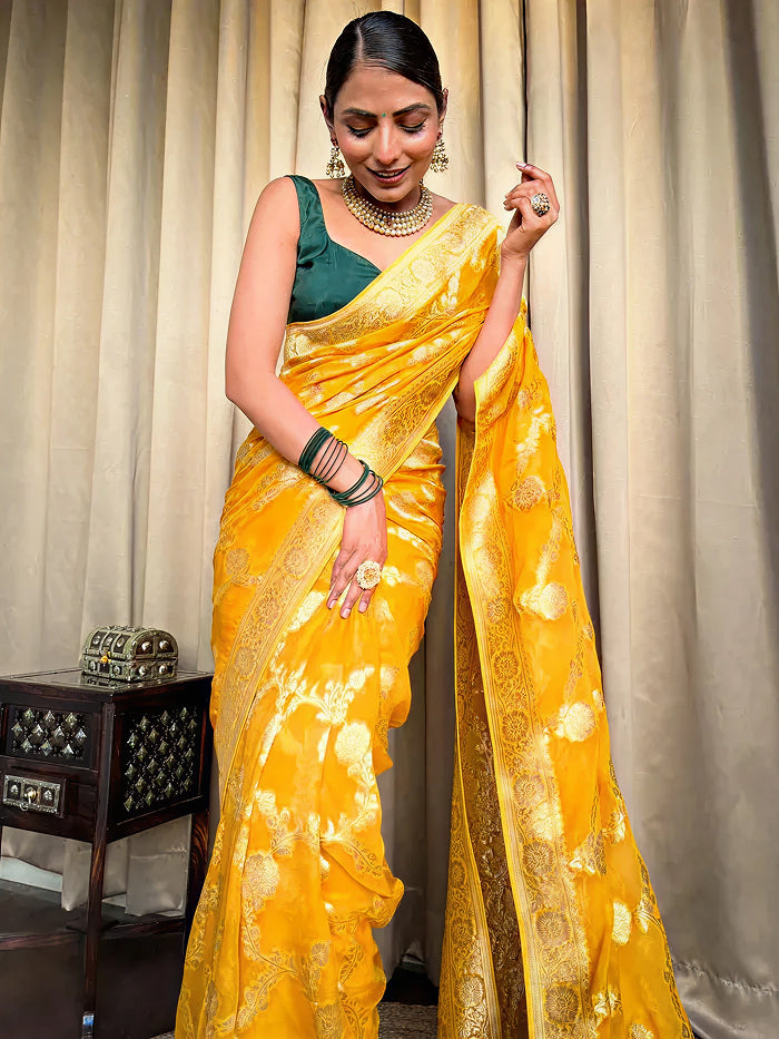 Radiant Yellow Jacquard Saree for Festive Elegance – Premium Woven Traditional Wear