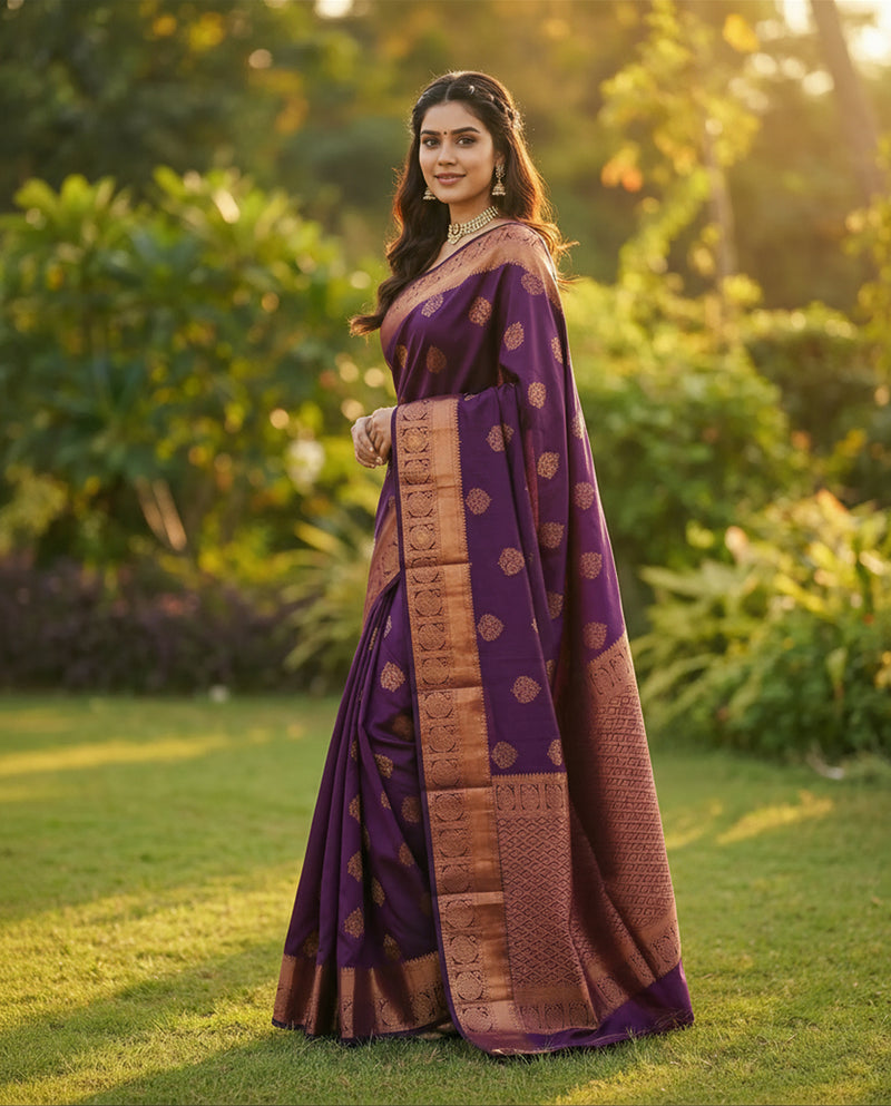 Imperial Purple Jacquard Silk Saree with Rich Woven Accents | Festive & Wedding Elegance