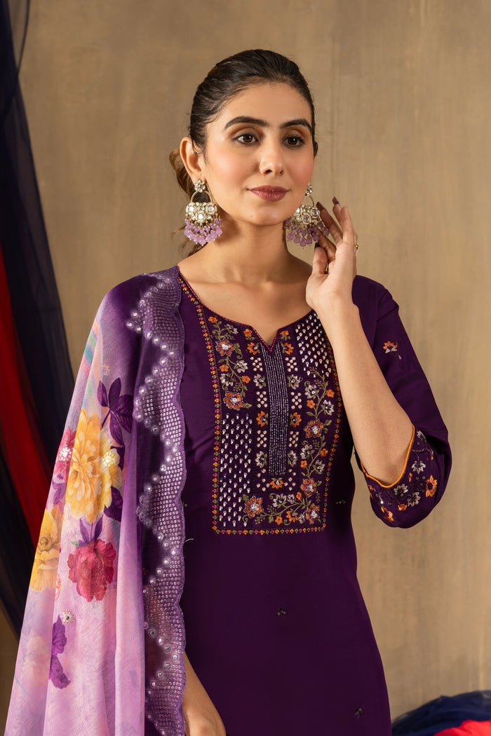 Purple Roman Silk Embroidered Kurta Pant Set with Dupatta