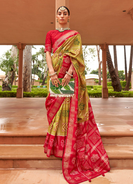 Stylish Red And Mustarad Yellow Colored Printed Pure Soft Silk Saree