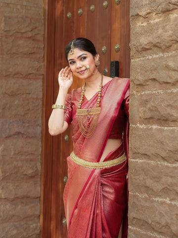 Elegant Red Jacquard Saree for Women | Rich Woven Design, Festive & Wedding Wear