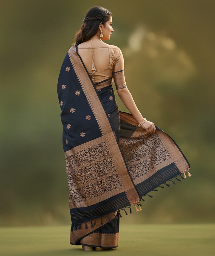 Elegant Black Jacquard Saree – Premium Woven Texture & Timeless Festive Style