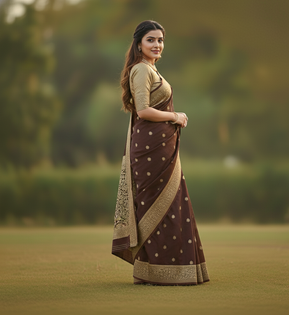 Chocolate Brown Jacquard Saree