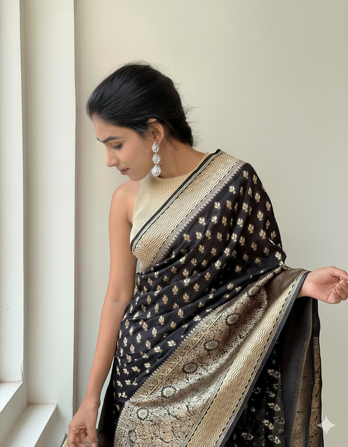 Elegant Black Jacquard Saree – Timeless Traditional Wear for Weddings & Parties