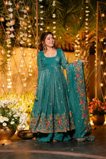 Emerald Teal Cruncy Silk Anarkali Suit Set