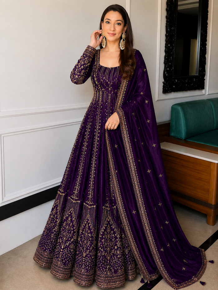 Purple Crunchy Silk Embroidered Anarkali Gown Set