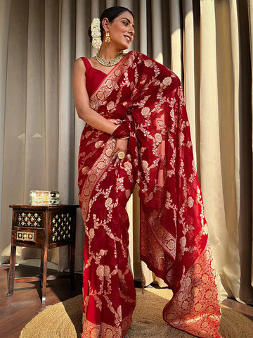 Elegant Red Jacquard Saree for Festive & Wedding Wear – Premium Woven Design