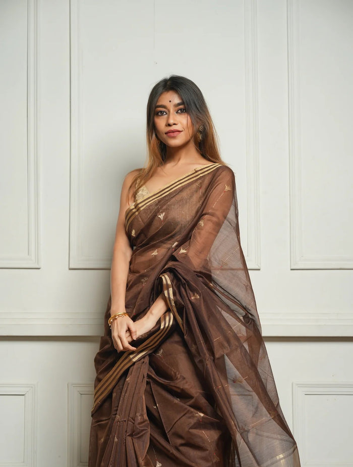 pure silk Classy Brown Colour Saree, Shining Party Wear