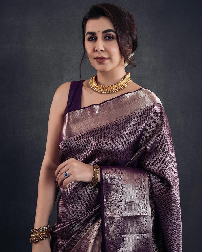 Majestic Dark Purple Jacquard Saree for Festive, Party & Wedding Wear