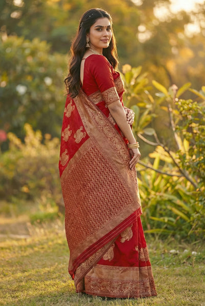 Crimson Red Jacquard Silk Saree with Opulent Woven Motifs | Bridal & Festive Luxury