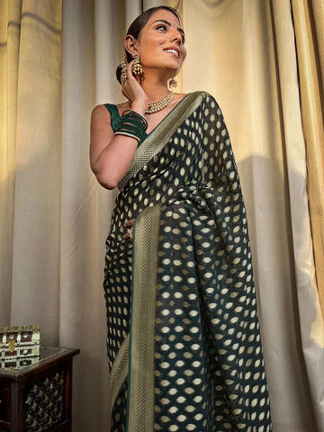 Mahendi Green Jacquard Saree – Premium Woven Festive Wear with Elegant Traditional Detailing