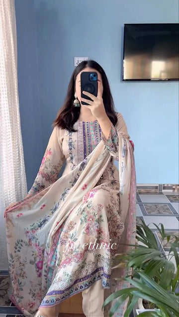 Premium Pastel Cream Floral Printed Muslin Suit Set with Designer Dupatta